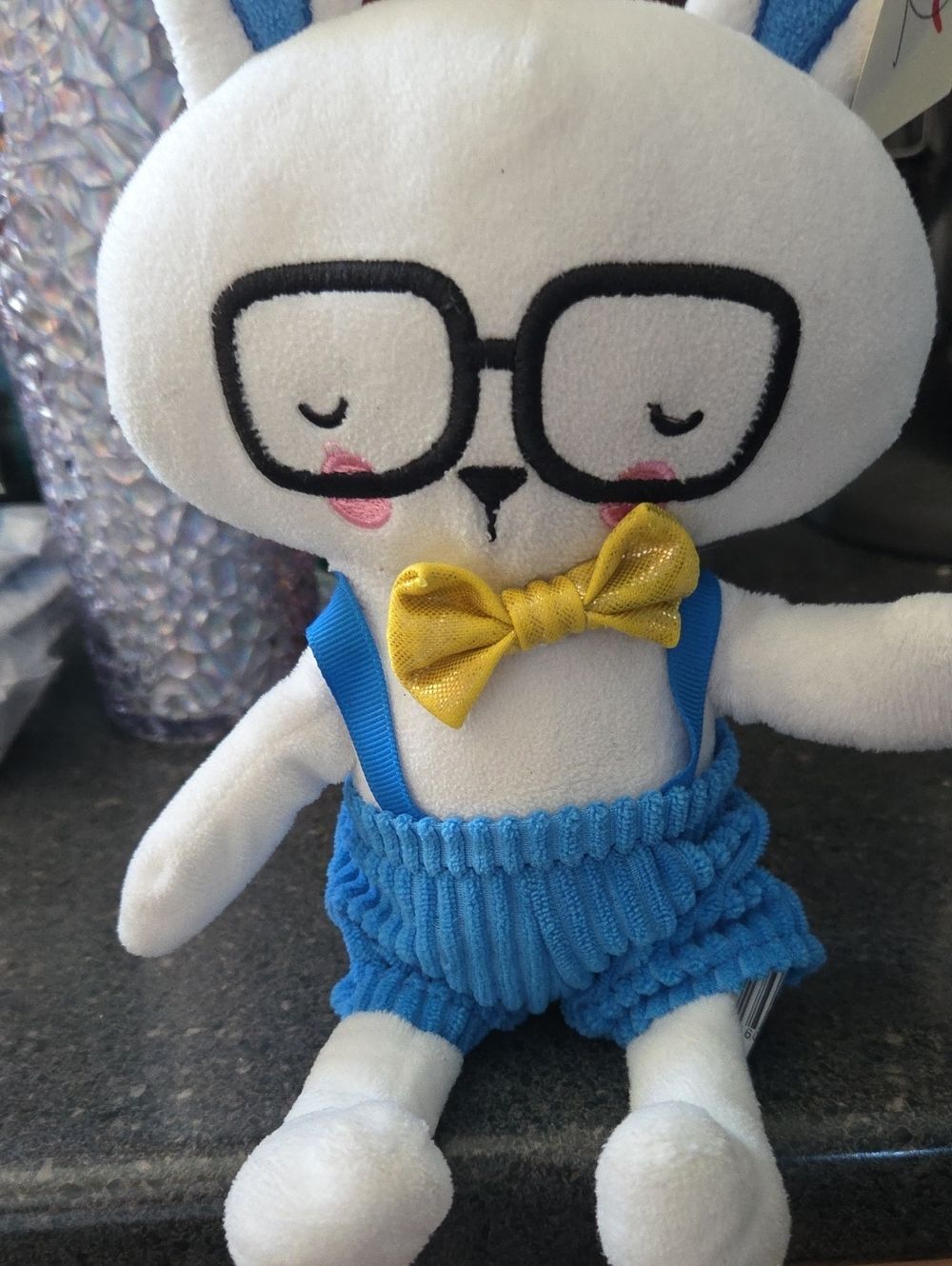 Happy Go Fluffy Walgreens White Bunny Rabbit Plush Glasses Corduroy Overalls 12”